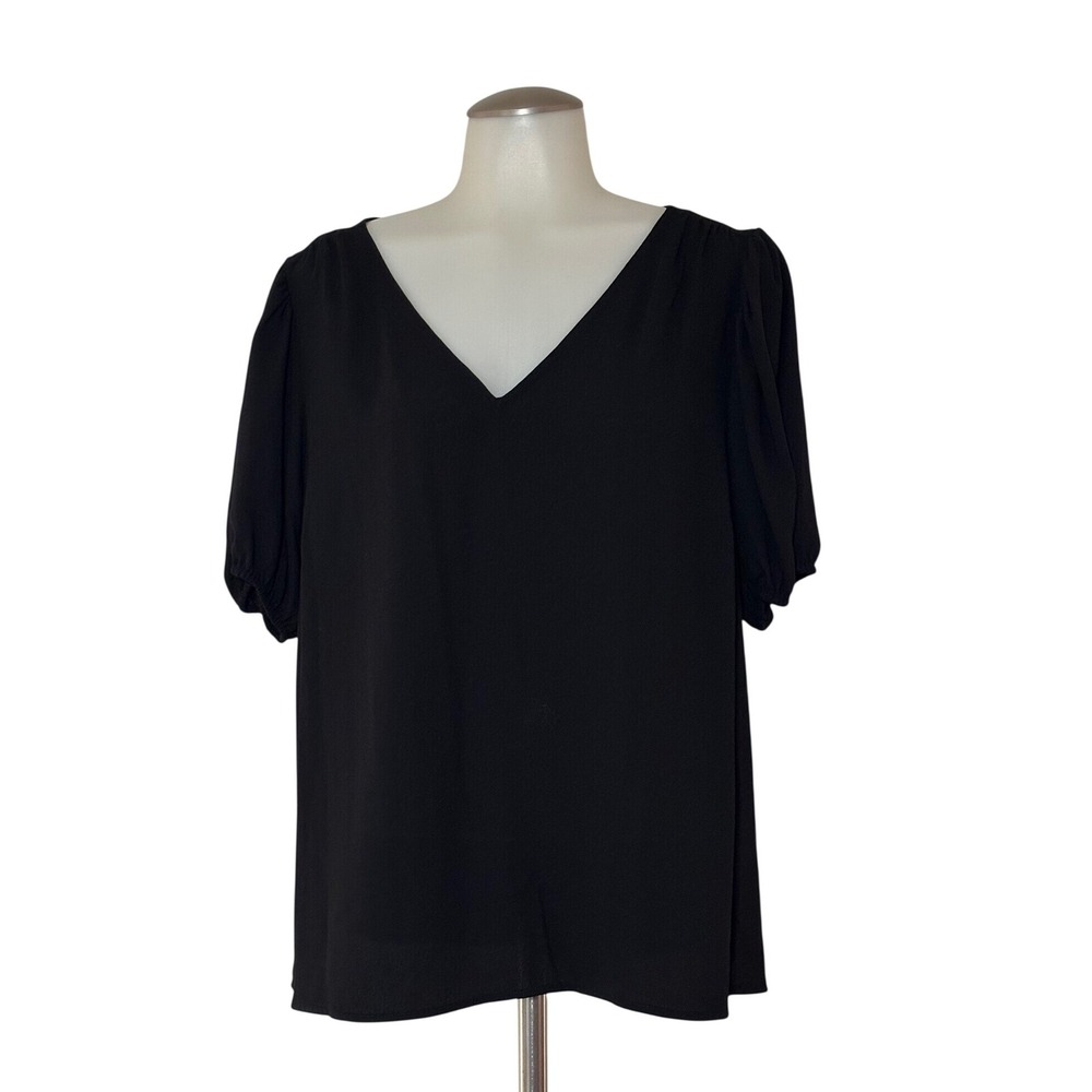 LC Lauren Conrad Woven Tee Women XL Black V-Neck Puff Sleeve Peasant NEW w/ tag